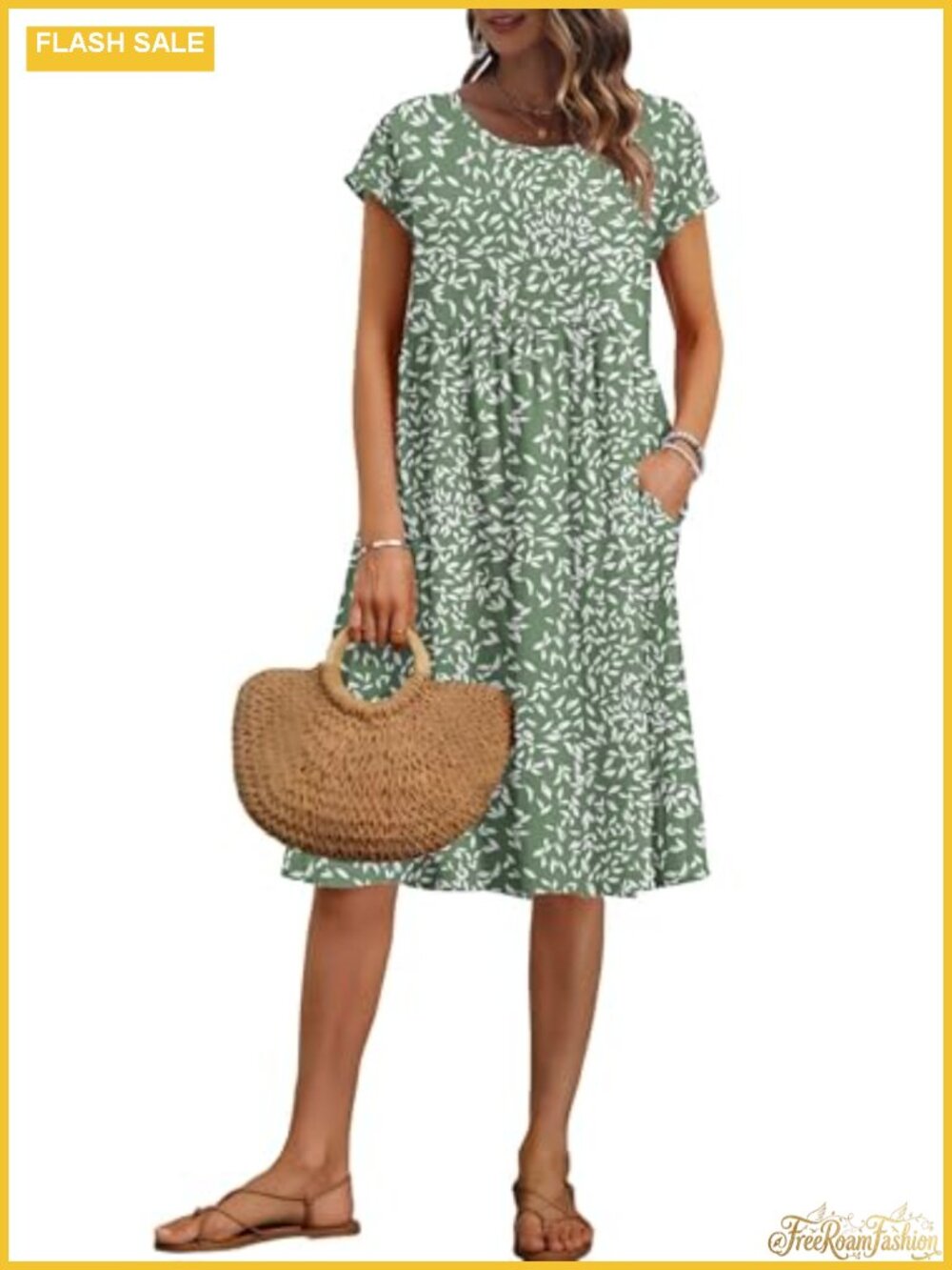 Women's Short Sleeve Knee-Length Loose Dress with Pockets